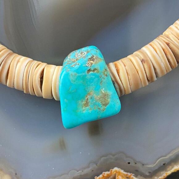 Vintage Native American Heishi Sea Shell Disk and Chunky Turquoise Necklace - Picture 7 of 11